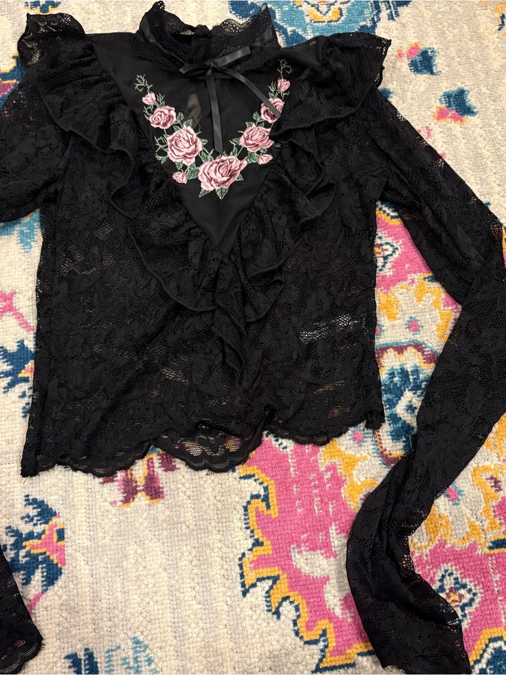 Mossimo Supply Co. Black Lace Ruffle Top with Pink Rose Embroidery